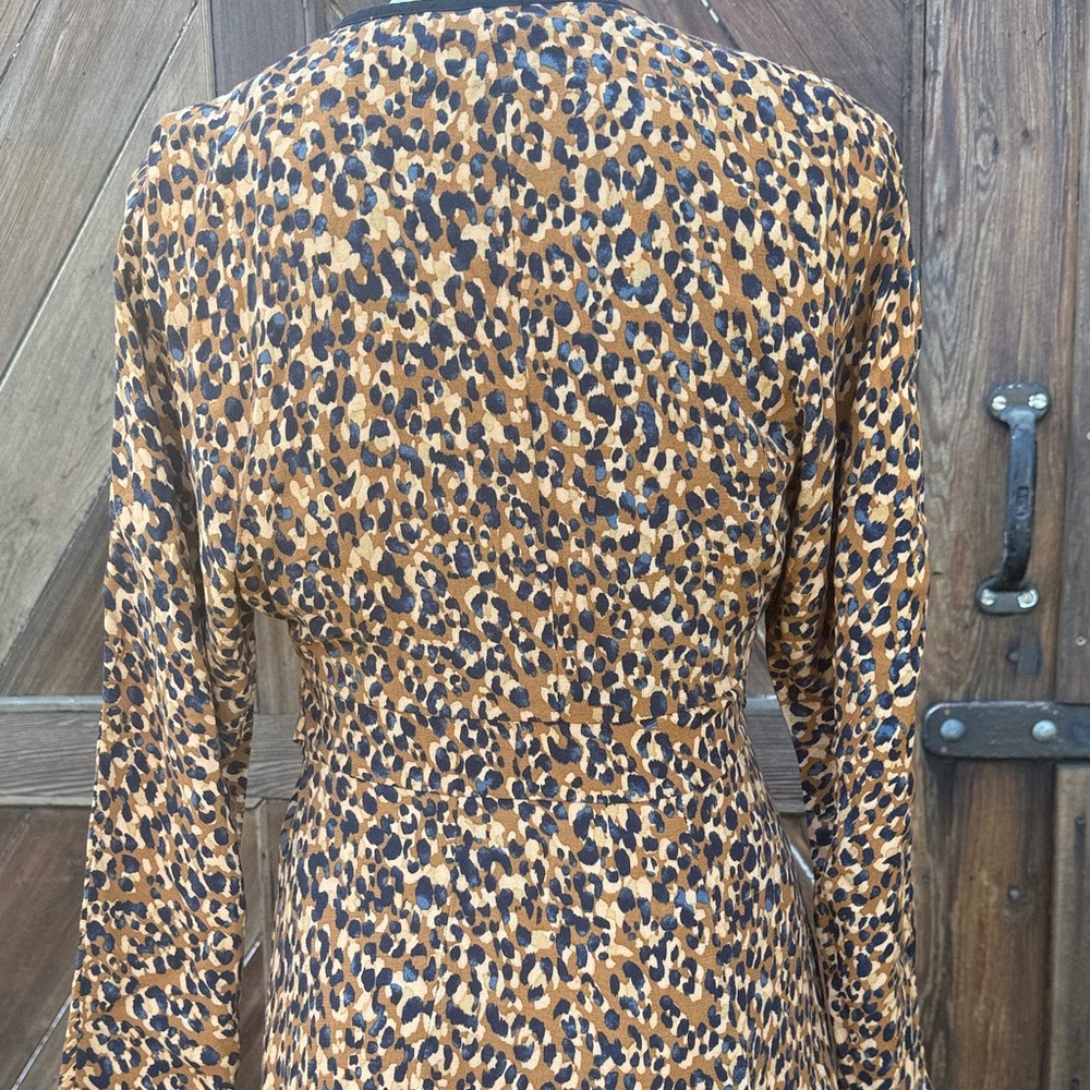 Zara Brown Leopard Long Sleeve Dress ties on the side S - Picture 6 of 12